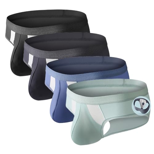 Ouruikia Herren Unterwäsche Bequeme Dreiecks Slips Seidig Glatt Boxershorts Separate Beutel, 4er Pack-Schwarz+Grau+Blau+Grün, XL von Ouruikia