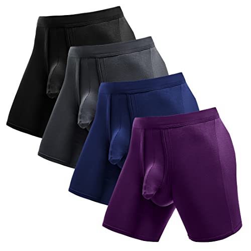 Ouruikia Herren Unterwäsche Boxershorts Anti-Scheuern Langes Bein Herren Boxershorts Tagless Boxershorts Separate Tasche, 4er-Pack - Schwarz/Grau/Marineblau/Violett, XL von Ouruikia