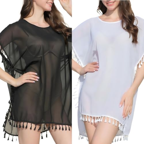 Ouruikia Strandkleid Damen Sommer Transparent Fransen Strandtunika Strand Vertuschen Shirt Bikini Cover Up, 2er Pack-Schwarz+Weiß von Ouruikia