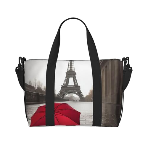 Reisetasche für persönliche Gegenstände, Handgepäck, Trainingshandtasche, leicht, wasserdicht, Sporttasche, Eiffelturm, Paris, Straße, roter Regenschirm, Wochenendtasche für Damen und Herren, Schwarz von Ousika