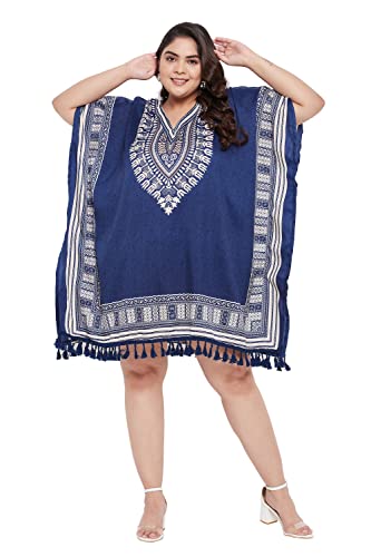 Gypsie Blu Damen Kurz Kaftan Plus Size Kurz Lose Tunika Casual Kimono Mini Strandkleid, Blaues Dashiki, Einheitsgröße Mehr von Oussum