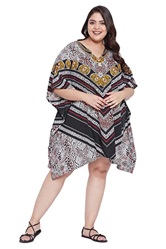 Gypsie Blu Damen Kurz Kaftan Plus Size Kurz Lose Tunika Casual Kimono Mini Strandkleid, Leopardenmuster in Schwarz und Pfirsichfarben, Einheitsgröße Mehr von Oussum