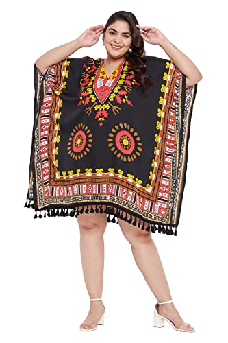 Gypsie Blu Damen Kurz Kaftan Übergröße Kurz Lose Tunika Casual Kimono Mini Strandkleid, Schwarz Dashiki, Einheitsgröße Mehr von Oussum