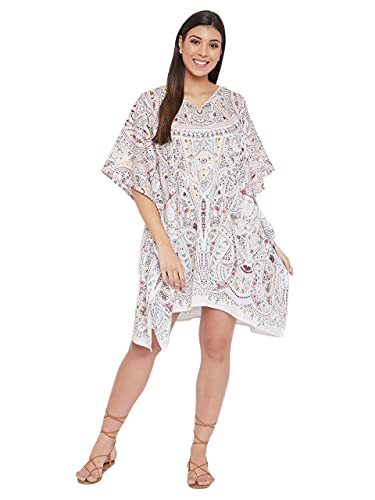 Gypsie Blu Damen Kurzer Kaftan Übergröße Kurz Lose Tunika Casual Kimono Mini Strandkleid, Weiße Paisleymuster, kurze Tunika, Einheitsgröße Plus von Oussum