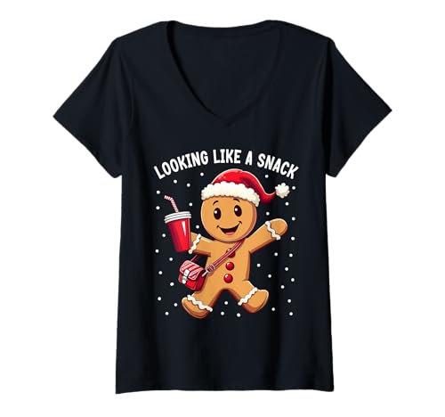 Damen Sieht aus wie ein Snack Lustiger Weihnachtslebkuchen Boujee Xmas T-Shirt mit V-Ausschnitt Damen Sieht aus wie ein Snack Lustiger Weihnachtslebkuchen Boujee Xmas T-Shirt mit V-Ausschnitt von Out Here Looking Like A Snack
