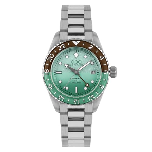 Out of Order After 8 GMT Automatische Armbanduhr für Herren, Stahl, Schwarz / Grün, Datum Saphir, silber / schwarz, Armband von OOO - Out of Order