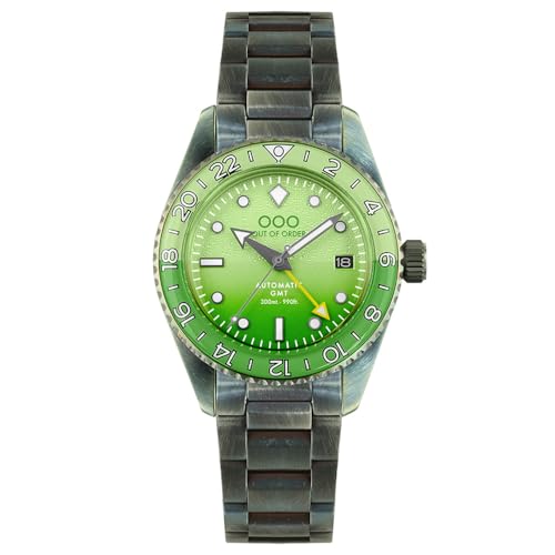Out of Order After 8 GMT Automatik Stahl Schwarz Grün Datum gealtert Saphir Herrenuhr, silber / schwarz von OOO - Out of Order