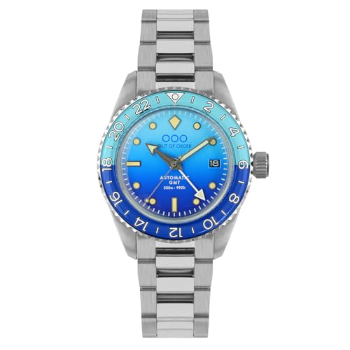 Out of Order BOMBA BLAU GMT Automatik Stahl Schwarz Blau Datum Saphir Herrenuhr, silber / schwarz, Armband von OOO - Out of Order