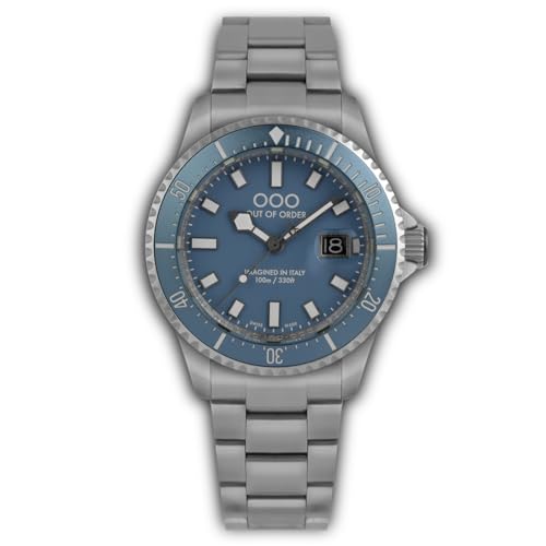 Out of Order CASA NOVA BLUE Swiss Made Quarz Stahl Blau Datum Saphir Herrenuhr, silber / schwarz, Armband von OOO - Out of Order