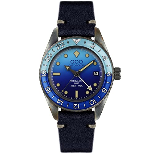 Out of Order GMT BOMBA BLUE Automatische Stahl Blau Datum Saphir Leder Uhr Alter Mann, Gurt von Out of Order