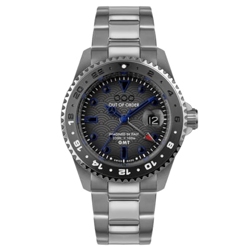 Out of Order GMT TOKYO ULTRA BRUSHED Stahl Schweizer Quarz Blau Grau Datum Uhr Herren, Armband von Out of Order