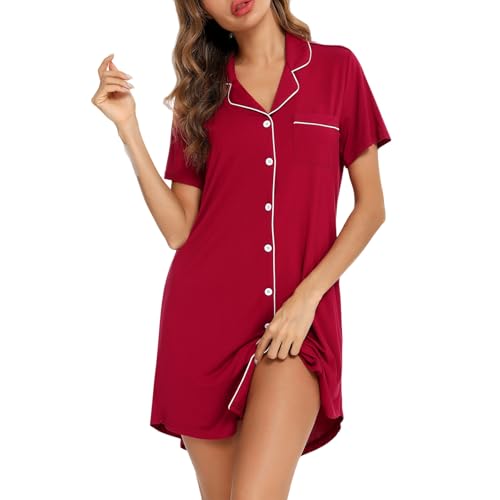 OutFyt Damen Nachthemd Mit Knopfleiste, Kurzärmeliges Damen Nachthemd Aus Modal Mit Taschen, Weiches Nachthemd, Schlafkleid, Chemise, Weiche Nachtwäsche, Sommer, Weinrot, M von OutFyt