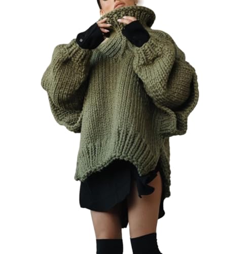 OutFyt Damen Rollkragenpullover Winter Puffy Langarm Strickpullover Eleganter Wollpullover Strickpullover Winter Rollkragenpullover Warme Tops Pullover Strickwaren,Armeegrün,S von OutFyt