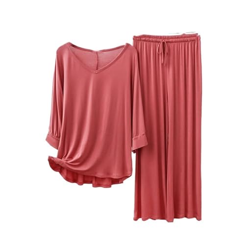 Pyjama Damen Lang Damen Pyjama Set Aus Modal, 2 Teiliges Outfit, Damen Schlafanzug Set, Schlafshirt, Nachthemd, Homewear, Weiche Loungewear, Pyjama Sets mit Kordelzug, Ziegelrot, L von YONGHONGKEJI