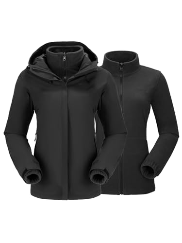 OutPro 3-in-1 Winterjacke Damen Wasserdicht Winddicht Skijacke Outdoor Wandern mit Fleece Gefüttert Doppellagige Abnehmbare Kapuzen-Funktionsjacke für Ski, Bergsteigen, Reisen Schwarz S von OutPro