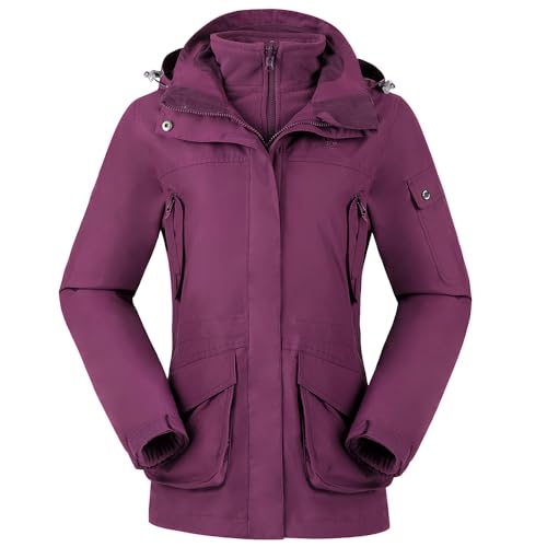 OutPro Damen 3-in-1-Skijacke wasserdicht winddicht Winterjacke Outdoor Wandern mit Fleece gefüttert doppellagige abnehmbare Kapuzen-Funktionsjacke,Dunkellila,XXL von OutPro