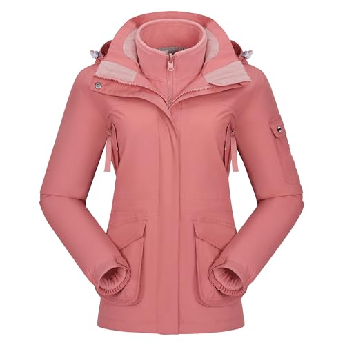 OutPro Damen 3-in-1-Skijacke wasserdicht winddicht Winterjacke Outdoor Wandern mit Fleece gefüttert doppellagige abnehmbare Kapuzen-Funktionsjacke,Rosa,XXL von OutPro