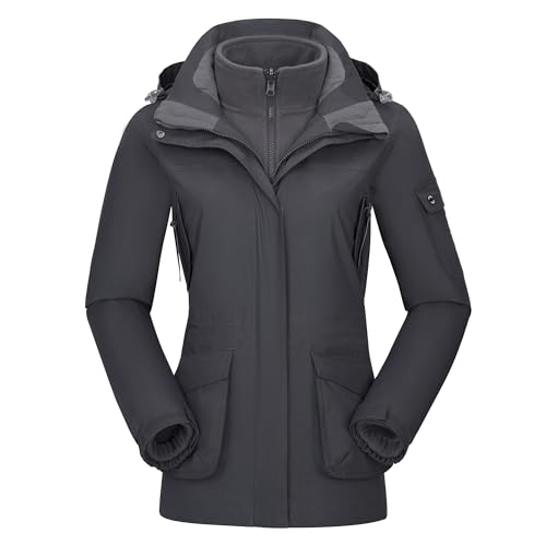 OutPro Damen 3-in-1-Skijacke wasserdicht winddicht Winterjacke Outdoor Wandern mit Fleece gefüttert doppellagige abnehmbare Kapuzen-Funktionsjacke,Grau,L von OutPro