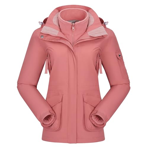 OutPro Damen 3-in-1-Skijacke wasserdicht winddicht Winterjacke Outdoor Wandern mit Fleece gefüttert doppellagige abnehmbare Kapuzen-Funktionsjacke,Rosa,M von OutPro