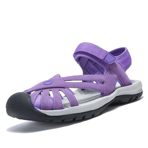 OutPro Damen-Wandersandalen leichte Wandersandalen rutschfest bequem verstellbarer Klettverschluss Outdoor-Sport Sommer Strand geschlossener Zehenbereich,Lila 39 von OutPro