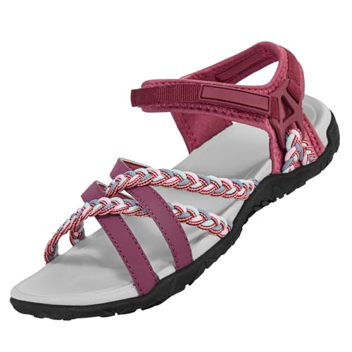 OutPro Sandalen Damen Wandersandalen mit Fußgewölbestützriemen Sport-Sandale Wasserschuhe Strandurlaub weiblich lässiges Gehen,Weinrot 37 von OutPro