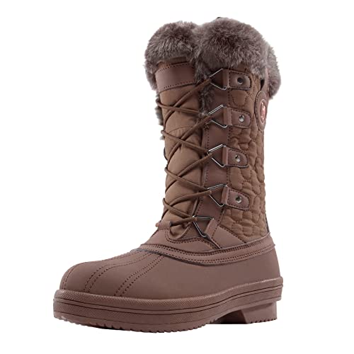 OutPro Damen Schnee Stiefel Winterstiefel Gefüttert Wasserdicht Warm Regenstiefel Mit Schnür-Reißverschlüssen Für Draußen, Kaffee, 38 EU von OutPro