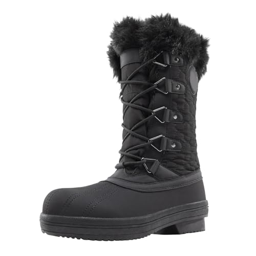 OutPro Damen Schnee Stiefel Winterstiefel Gefüttert Wasserdicht Warm Regenstiefel Mit Schnür-Reißverschlüssen Für Draußen, Schwarz, 38 EU von OutPro