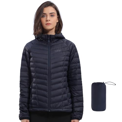 OutPro Daunenjacke Damen Leichte Packbare Übergangsjacke Warme Winterjacke mit Kapuze Outdoor für Frauen Warmes Polythermal-Futter mit Taschen für Freizeit Wandern Reisen, Tinte Blau,M von OutPro
