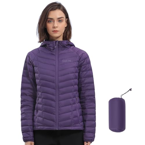 OutPro Daunenjacke Damen Leichte Packbare Übergangsjacke Warme Winterjacke mit Kapuze Outdoor für Frauen Warmes Polythermal-Futter mit Taschen für Freizeit Wandern Reisen,Violett，L von OutPro