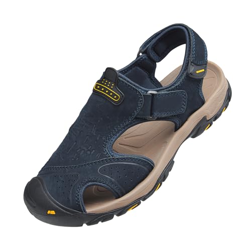 OutPro Herren-Ledersandalen wasserdicht Angeln Sportsandalen Outdoor Strand Sport Bergsteigen Wandern Sandalen für den Sommer,Blau 47 von OutPro