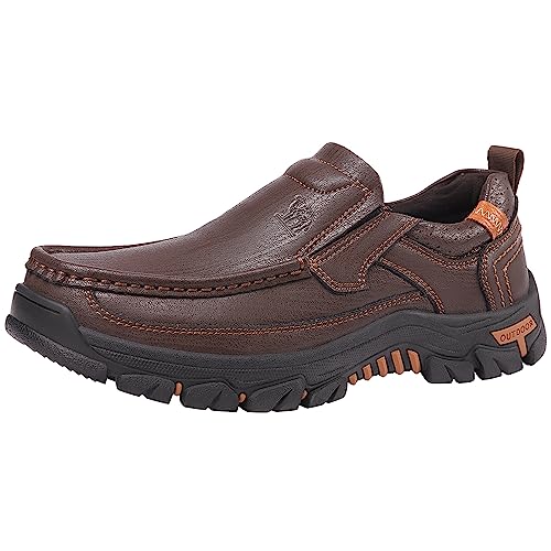 OutPro Herren Mokassins Slip On Loafers Leder Gummisohle Wanderschuhe,Braun,42 EU von OutPro