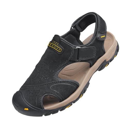 OutPro Herren-Ledersandalen wasserdicht Angeln Sportsandalen Outdoor Strand Sport Bergsteigen Wandern Sandalen für den Sommer,schwarz 44 von OutPro