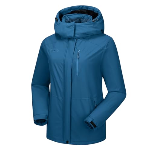 OutPro Skijacke Damen Wasserdicht Snowboardjacke Winterjacke Hooded Warm Winterjacke Dickes Gänsedaunenfutter Doppelte Seitentaschen Wanderjacke mit Reißverschluss für Outdoor-Aktivitäten Blau L von OutPro