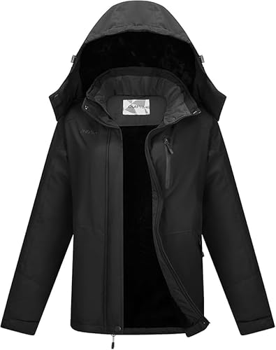 OutPro Skijacke Damen mit Wasserdichte Regenjacke Winddicht Warm Winterjacke Hooded Abnehmbarer, mit Reißverschlusstaschen Snowboardjacke Geeignet für Outdoor-Aktivitäten, Skifahren Schwarz XXXL von OutPro