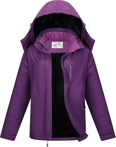 OutPro Skijacke Damen mit Wasserdichte Regenjacke Winddicht Warm Winterjacke Hooded Abnehmbarer, mit Reißverschlusstaschen Snowboardjacke Geeignet für Outdoor-Aktivitäten, Skifahren Violett M von OutPro