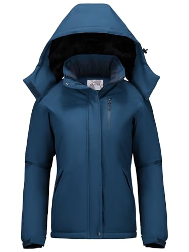 OutPro Winterjacke Damen Wasserdicht Skijacke Snowboardjacke Hooded Warm Dickes Gänsedaunenfutter Doppelte Seitentaschen Wanderjacke mit Reißverschluss für Outdoor-Aktivitäten Blau XL von OutPro