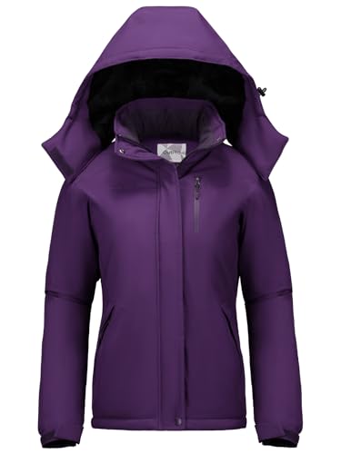 OutPro Winterjacke Damen Wasserdicht Skijacke Snowboardjacke Hooded Warm Dickes Gänsedaunenfutter Doppelte Seitentaschen Wanderjacke mit Reißverschluss für Outdoor-Aktivitäten Lila L von OutPro
