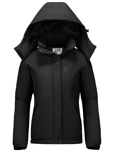 OutPro Winterjacke Damen Wasserdicht Skijacke Snowboardjacke Hooded Warm Dickes Gänsedaunenfutter Doppelte Seitentaschen Wanderjacke mit Reißverschluss für Outdoor-Aktivitäten Schwarz 3XL von OutPro