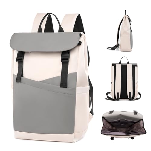 OutSpry Rucksack Damen Herren, Laptop Rucksack 15,6 Zoll, Rolltop Rucksack Wasserdichter Schulrucksack Tagesrucksack für Uni Arbeit Reisen, Grau Mit Beige von OutSpry