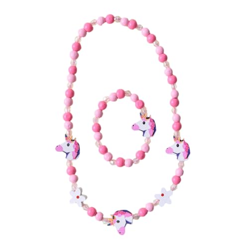 Outanaya 2 Stück Teiliges Einhorn Schmuckset Holzperlen Halskette und Elastisches Armband Mädchen Freundschaftsarmbänder Bunte Perlen für Party Kostüm und Alltagsmode von Outanaya