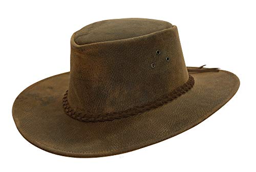 Australien Style Cowboyhut aus Leder mit geflochtenem Hutband geschwungener Krempe, Unisex für Damen, Herren und Kinder-Wetterfest von Outbacker