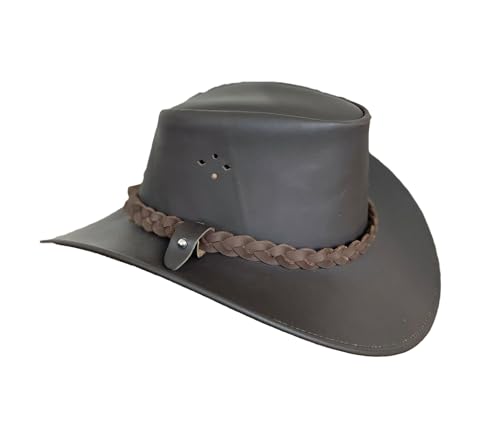 Australien Style Cowboyhut aus echtem Leder mit geflochtenem Hutband geschwungene Krempe, super robust Unisex für Damen, Herren und Kinder, hoher Sonnenschutz Faktor UPF50+ von Outbacker