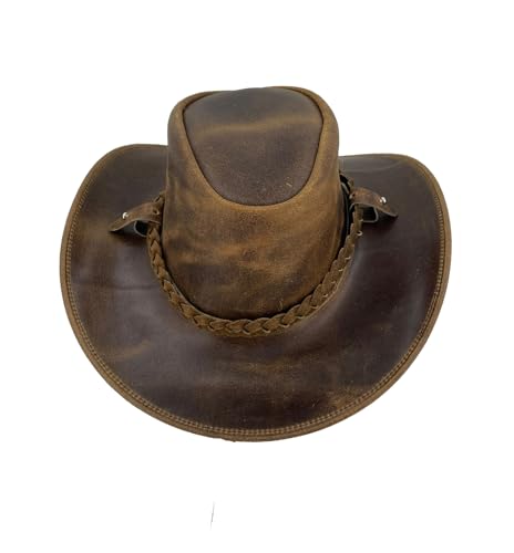 Australien Style Cowboyhut aus echtem Leder mit geflochtenem Hutband geschwungene Krempe, super robust Unisex für Damen, Herren und Kinder, hoher Sonnenschutz Faktor UPF50+ von Outbacker