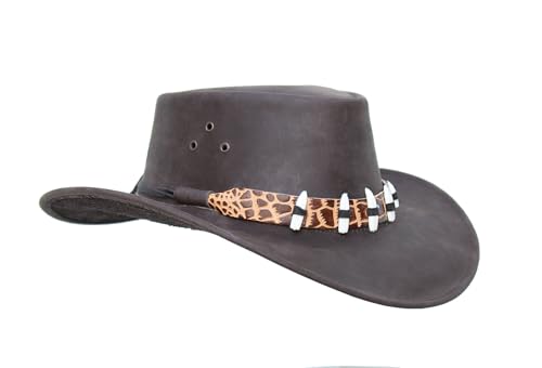 Australien Style Cowboyhut aus kräftigem Leder mit Fake Croc-Hutband und Zähnen- mit geschwungener Krempe, super robust Unisex für Damen, Herren und Kinder, hoher Sonnenschutz Faktor UPF50+ von Outbacker