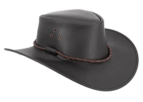 Australien Style Cowboyhut aus kräftigem Leder mit Rundkordel geschwungener Krempe, super robust Unisex für Damen, Herren und Kinder, hoher Sonnenschutz Faktor UPF50+ von Outbacker