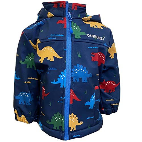 Outburst - Baby Jungen Softshelljacke mit Kapuze, Bedruckt Dinosaurier, gefüttert, Reflektoren, wasserdicht 10.000mm Wassersäule, Winddicht, atmungsaktiv, 2 Taschen, dunkelblau - 8484201, Größe 92 von Outburst