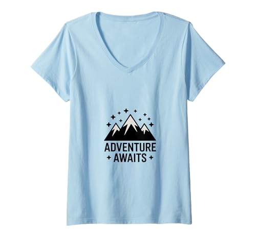 Damen Adventure Awaits Minimalistisches Bergwander-Design T-Shirt mit V-Ausschnitt Damen Adventure Awaits Minimalistisches Bergwander-Design T-Shirt mit V-Ausschnitt von Outdoor Adventure Apparel & Gear
