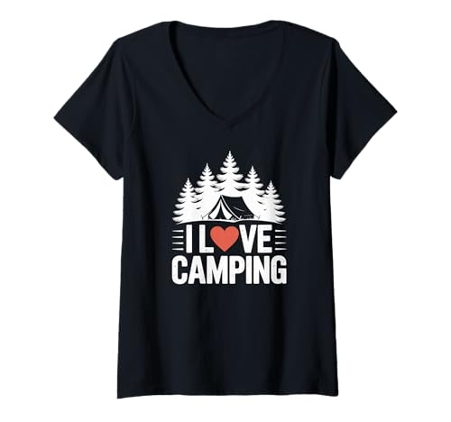 Damen I Love Camping Heart Zeltbäume T-Shirt mit V-Ausschnitt Damen I Love Camping Heart Zeltbäume T-Shirt mit V-Ausschnitt von Outdoor Adventure Nature Forest Camp