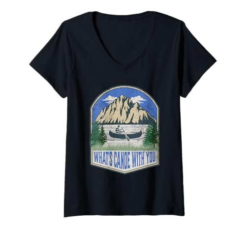 Damen What's Canoe with You Mountain Funny Camping Kanufahren T-Shirt mit V-Ausschnitt Damen What's Canoe with You Mountain Funny Camping Kanufahren T-Shirt mit V-Ausschnitt von Outdoor Adventure Pun Co.