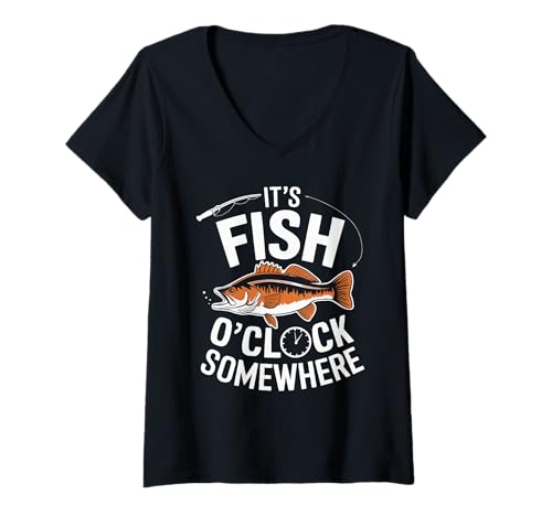 Damen It is Fish Clock Somewhere Lustiger Spruch Angler Geschenk T-Shirt mit V-Ausschnitt Damen It is Fish Clock Somewhere Lustiger Spruch Angler Geschenk T-Shirt mit V-Ausschnitt von Outdoor Angeln Humor Relaxter Angler It Is Fish